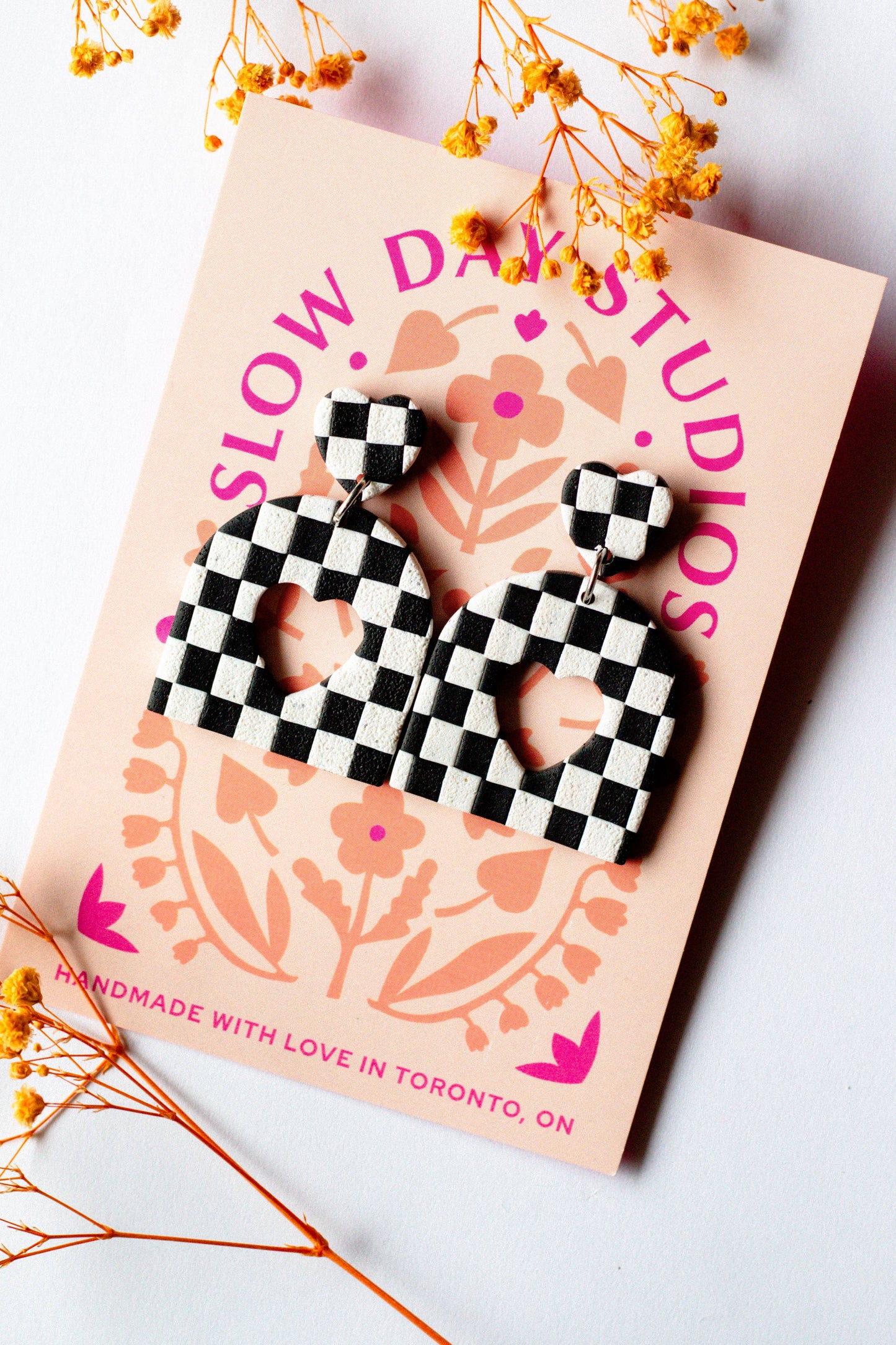 Checkerboard Heart Cutout Earrings