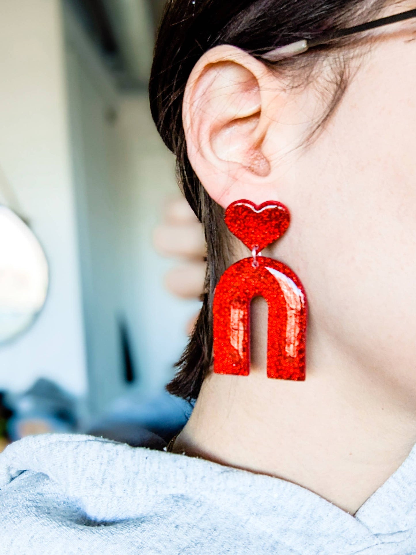 Heart Arch Red Glitter Earrings