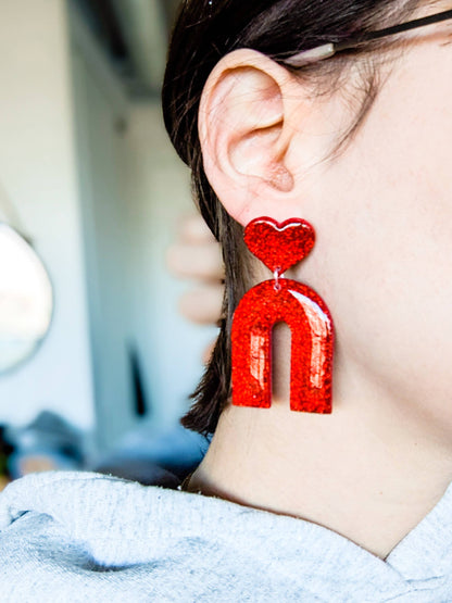 Heart Arch Red Glitter Earrings