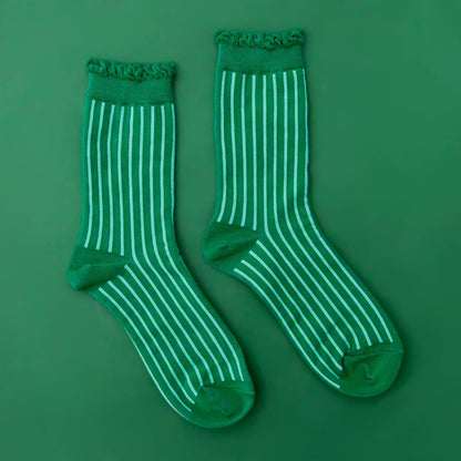 Emerald Stripe Ruffle Crew Socks