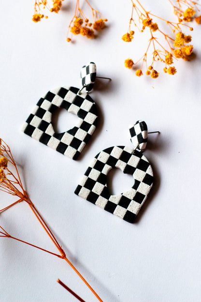 Checkerboard Heart Cutout Earrings