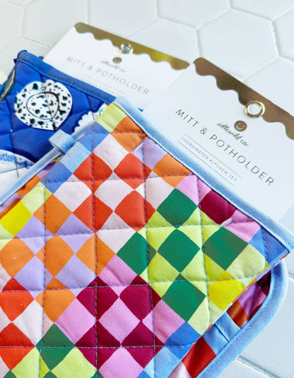 Rainbow Check Cotton Oven Mitt + Pot Holder Set