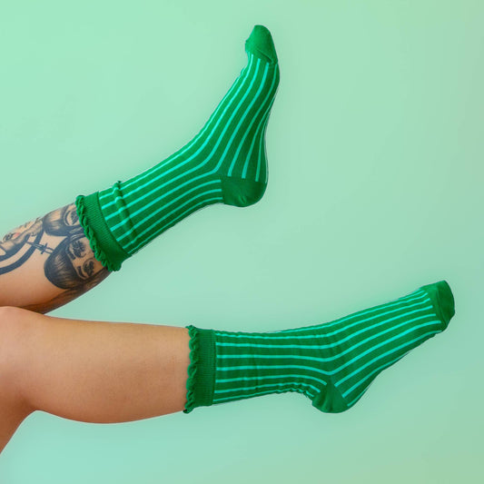 Emerald Stripe Ruffle Crew Socks