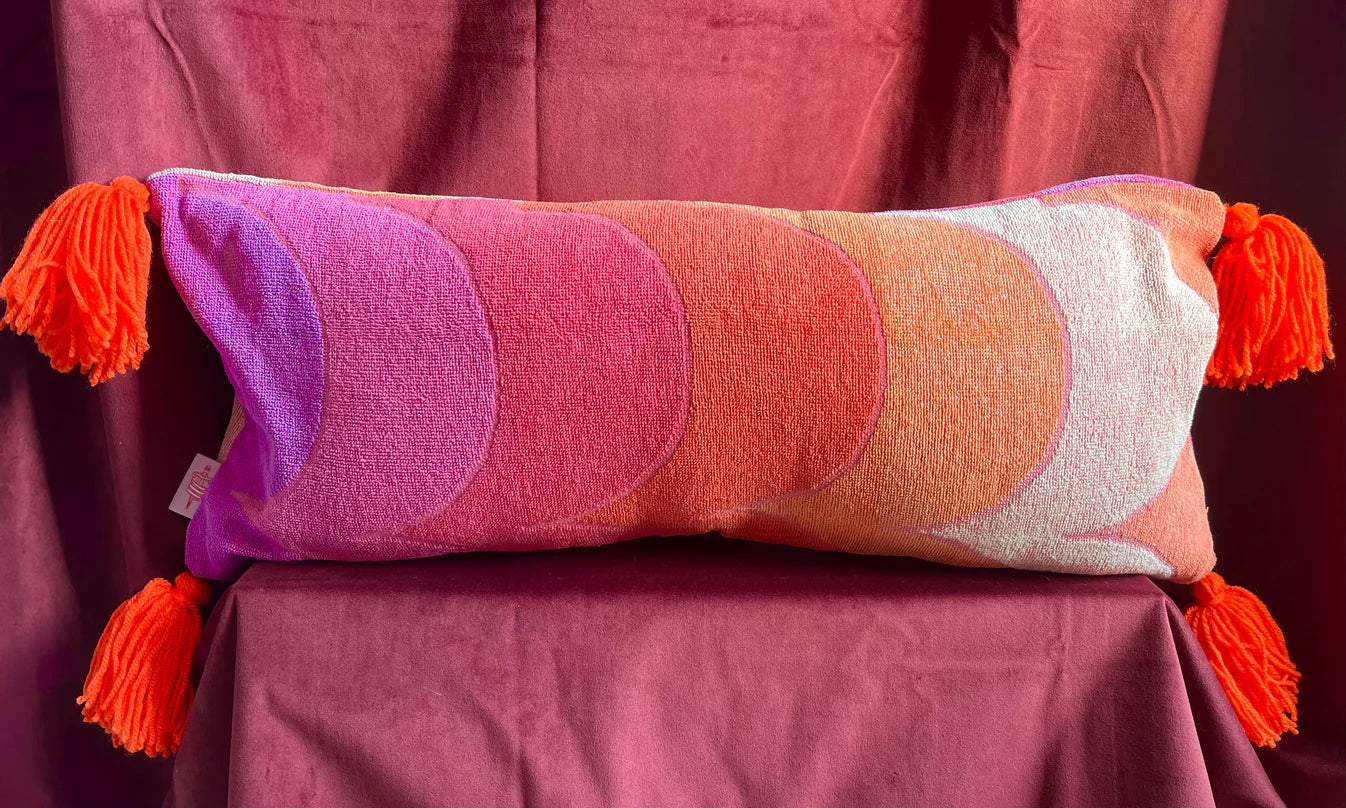 Vintage towel throw pillow: orange & purple waves