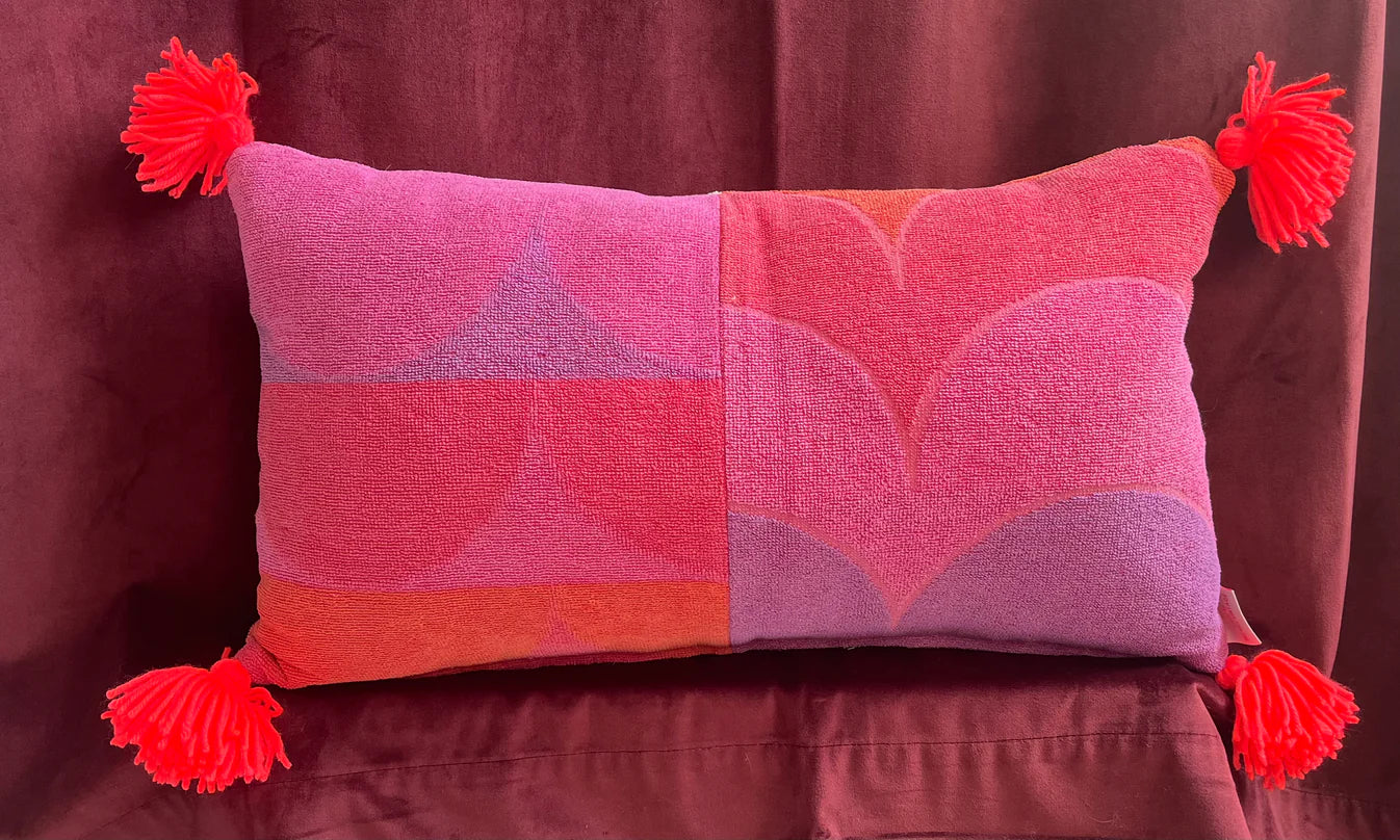 Vintage towel throw pillow: orange & purple waves with center seam