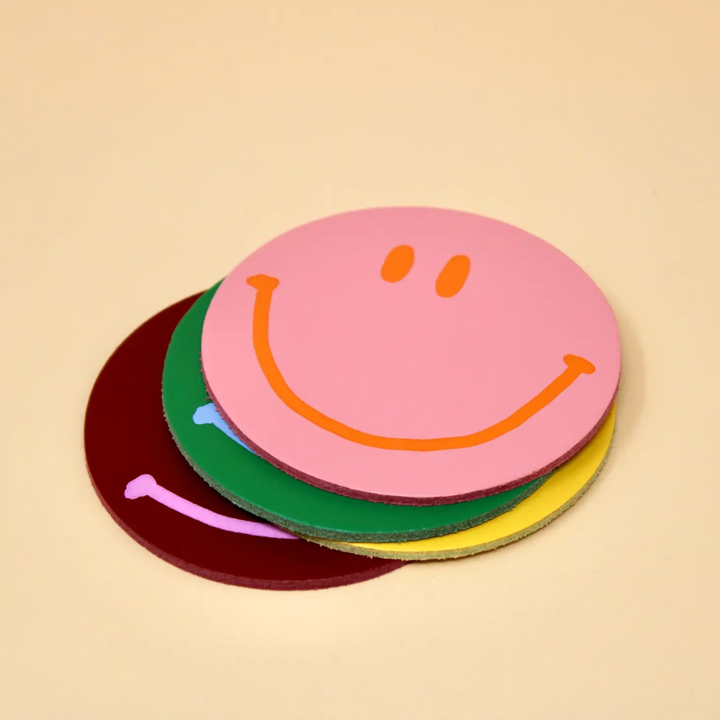 Happy Face Leather Coasters - Set of 4