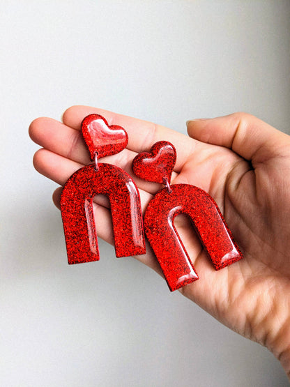 Heart Arch Red Glitter Earrings