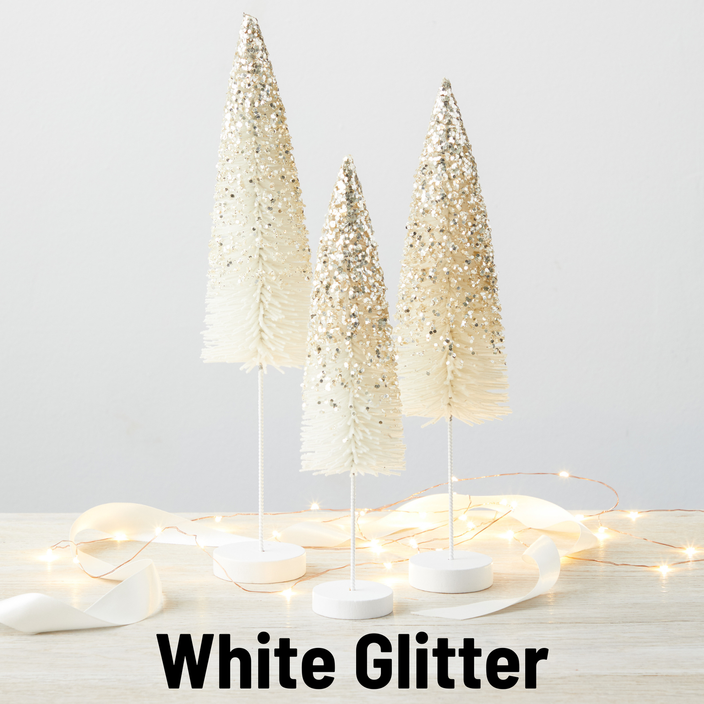 Bottle Brush Trees in White Glitter