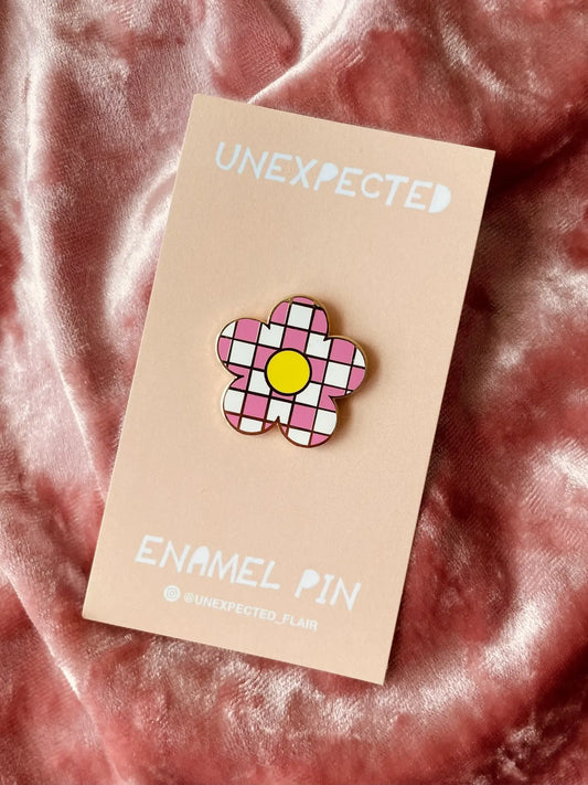 Pink Checkered Flower Enamel Pin